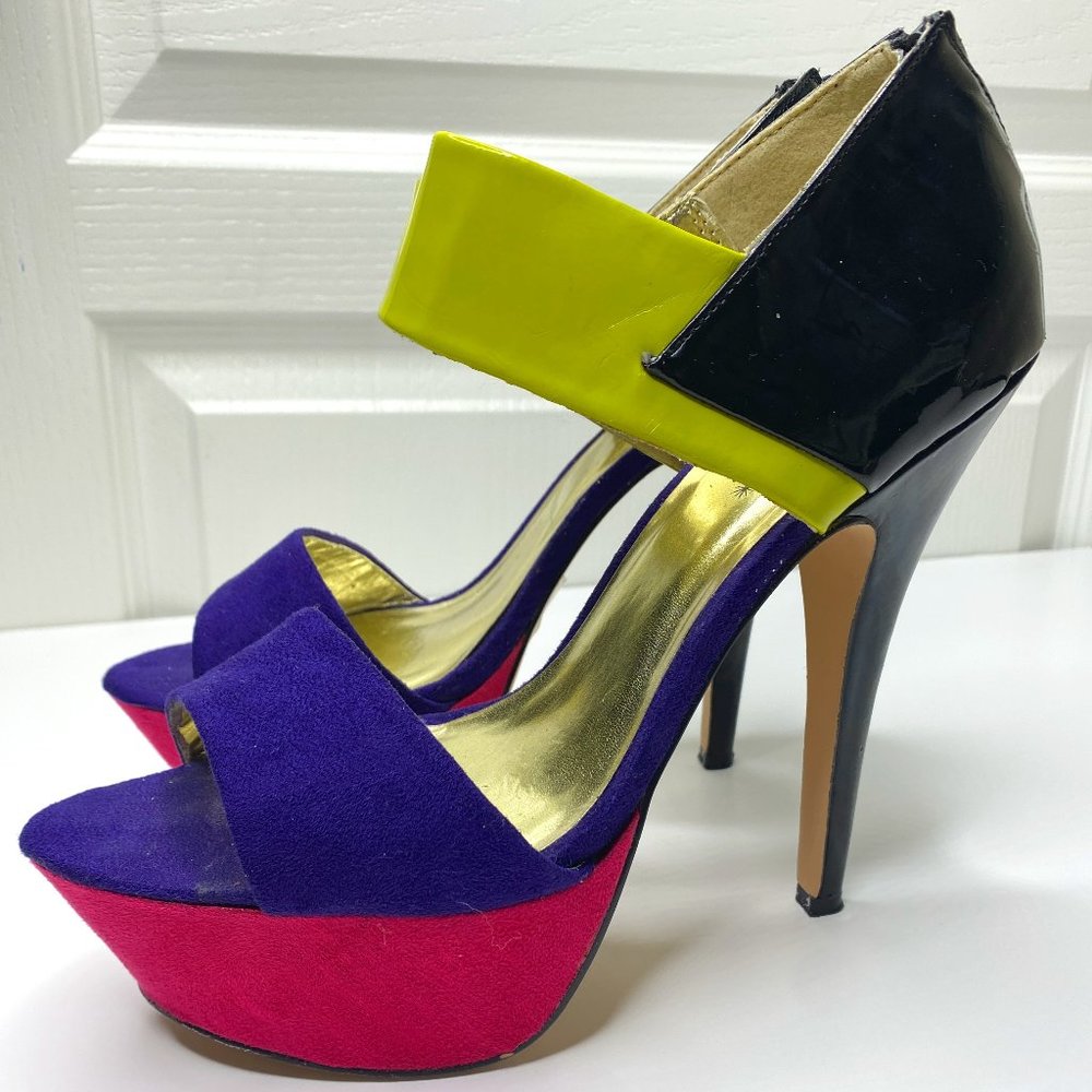 Purple, Yellow, & Fuchsia 2'in Platform Suede 6'in Heel Size 10 by Shoe Dazzle